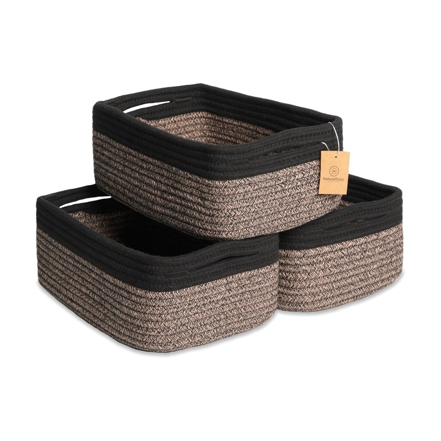 Cotton Rope Woven Small Baskets for Organizing / Black & Mixed Black / 11.8 x 8 x 4.5 / Set of 3