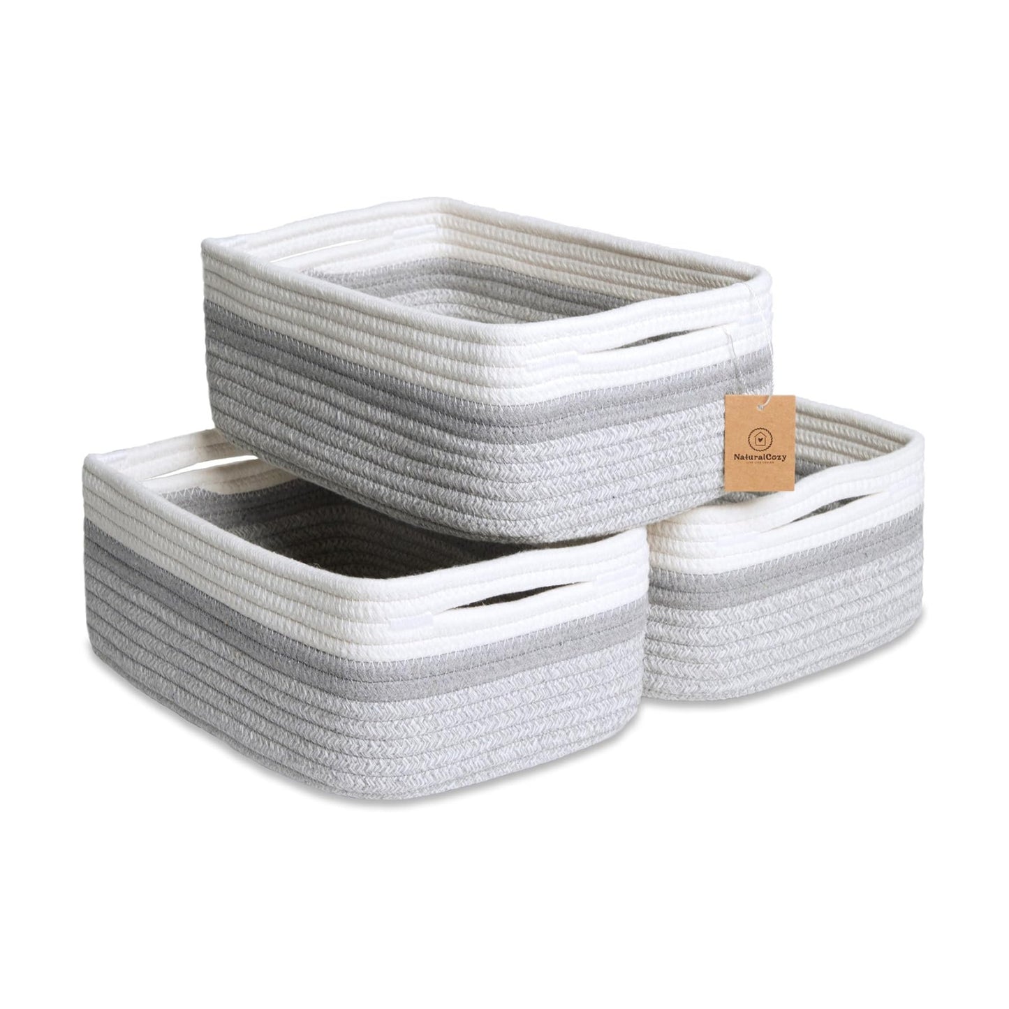 Cotton Rope Woven Small Baskets / Off White & Gray & Mixed Gray / 11.8 x 8 x 4.5 / Set of 3