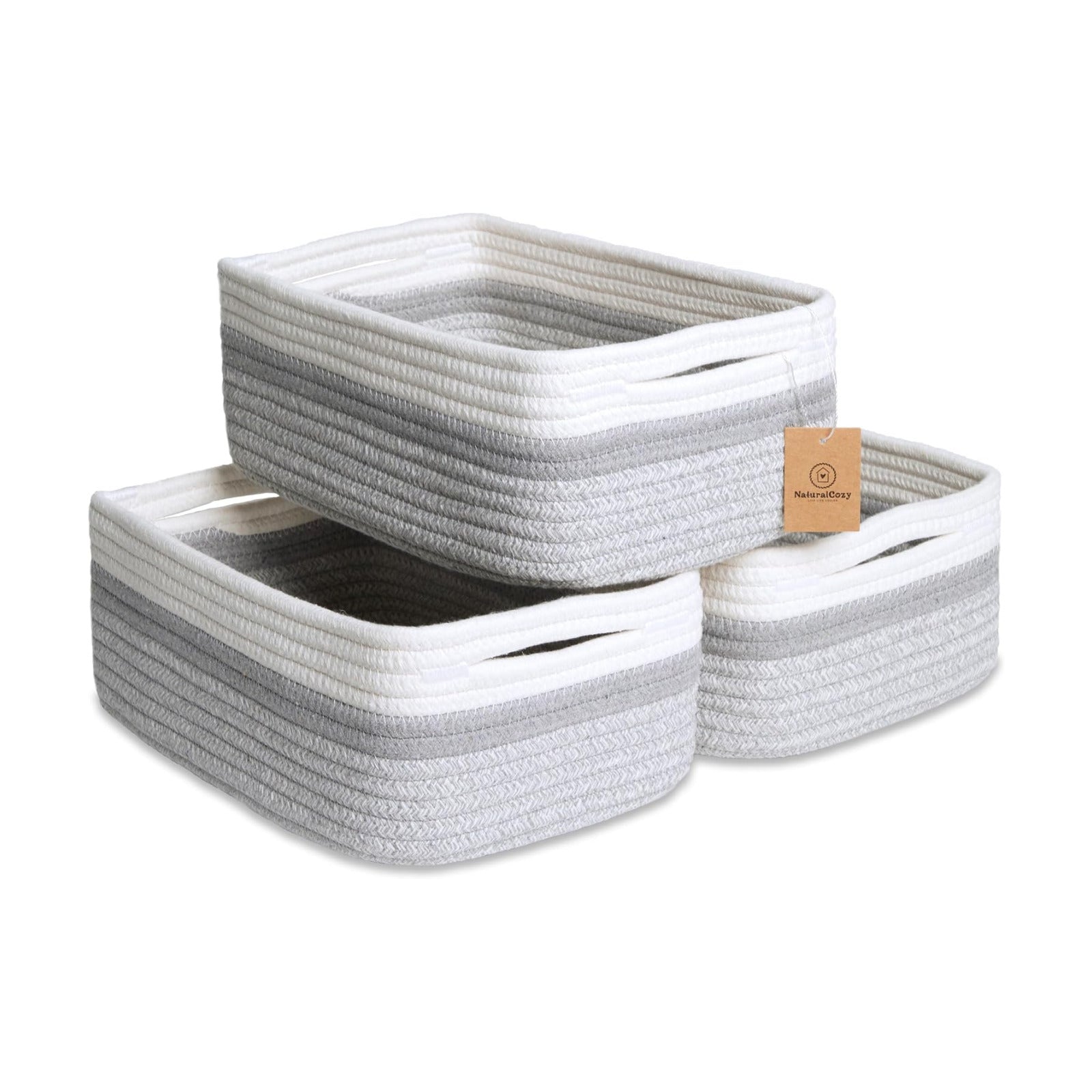 Cotton Rope Woven Small Baskets / Off White & Gray & Mixed Gray / 11.8 x 8 x 4.5 / Set of 3