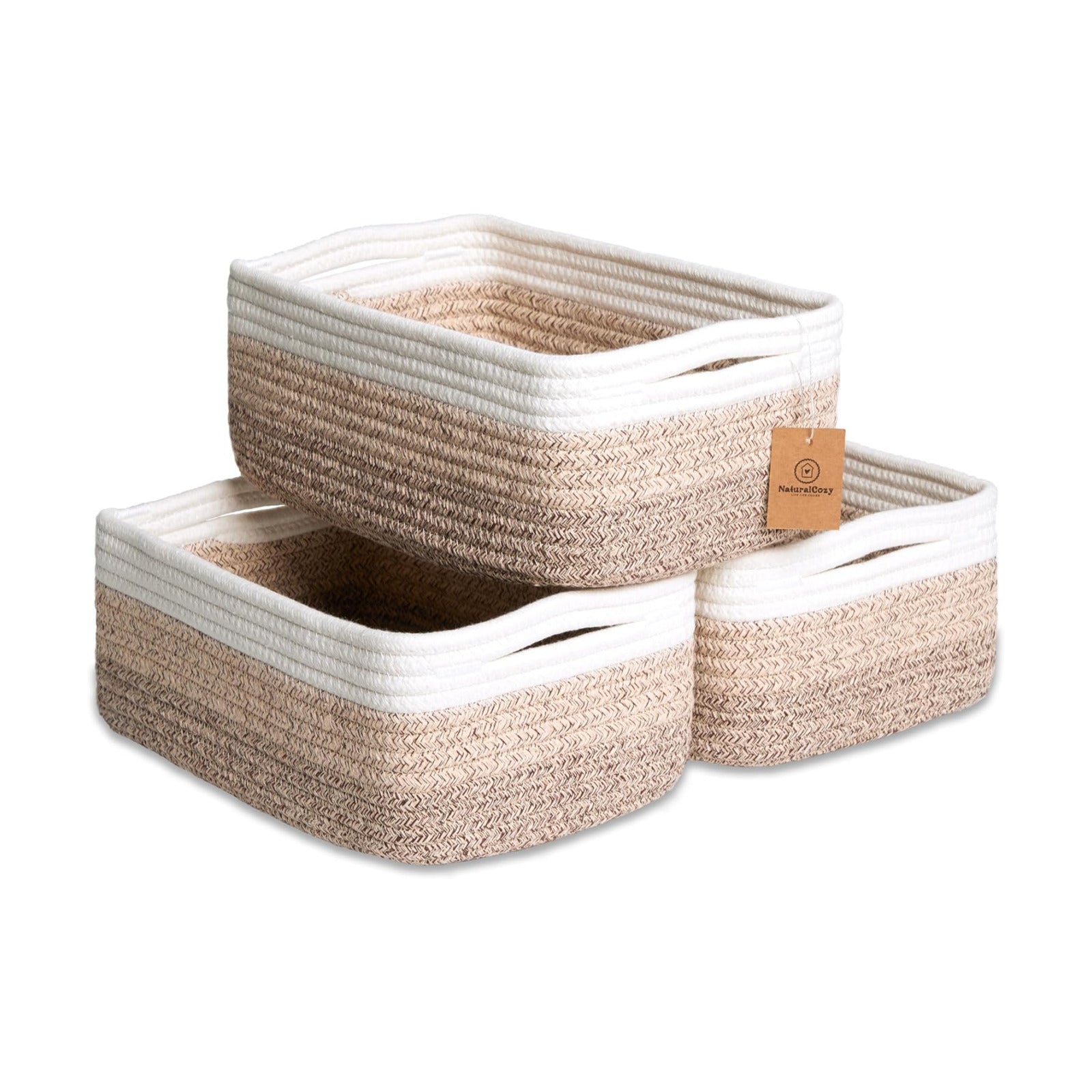 Cotton Rope Woven Small Baskets for Organizing / 3-tone Brown / 11.8 x 8 x 4.5 / Set of 3