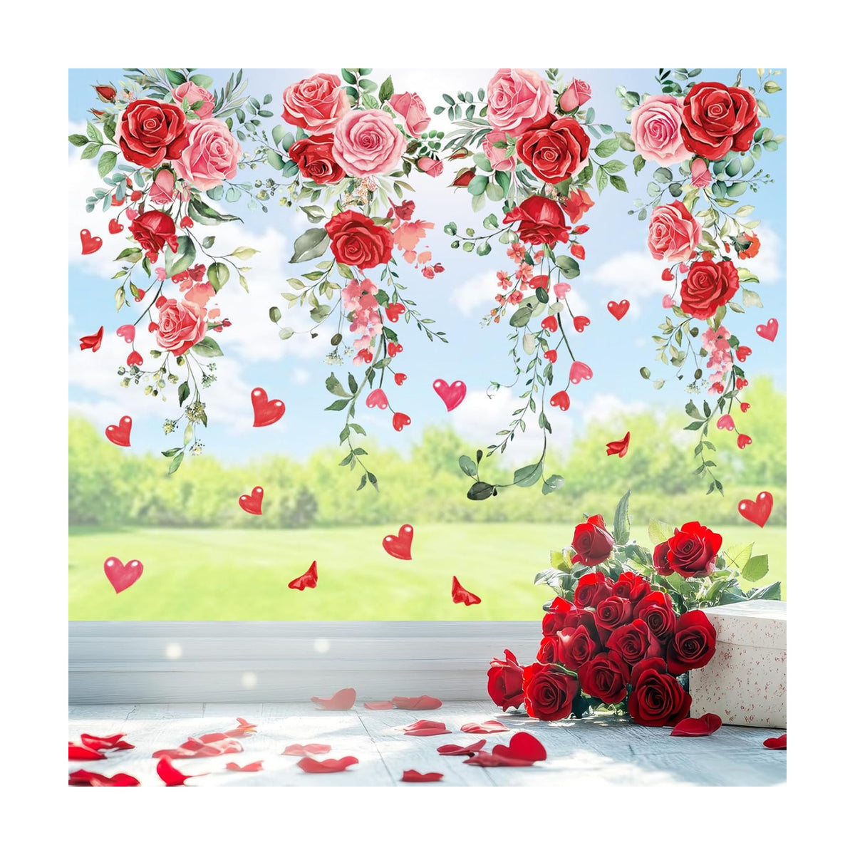 Whaline 9 Sheets Valentine Floral Window Cling Stickers Spring Rose Flower Hanging Vine Window Decals Eucalyptus Leaves Reusable Glass Decals for Wedding Party Home Decoration