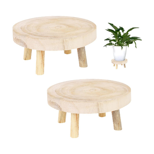 Wood Stool Plant Stand / Beige / 8 Inch / Set of 2