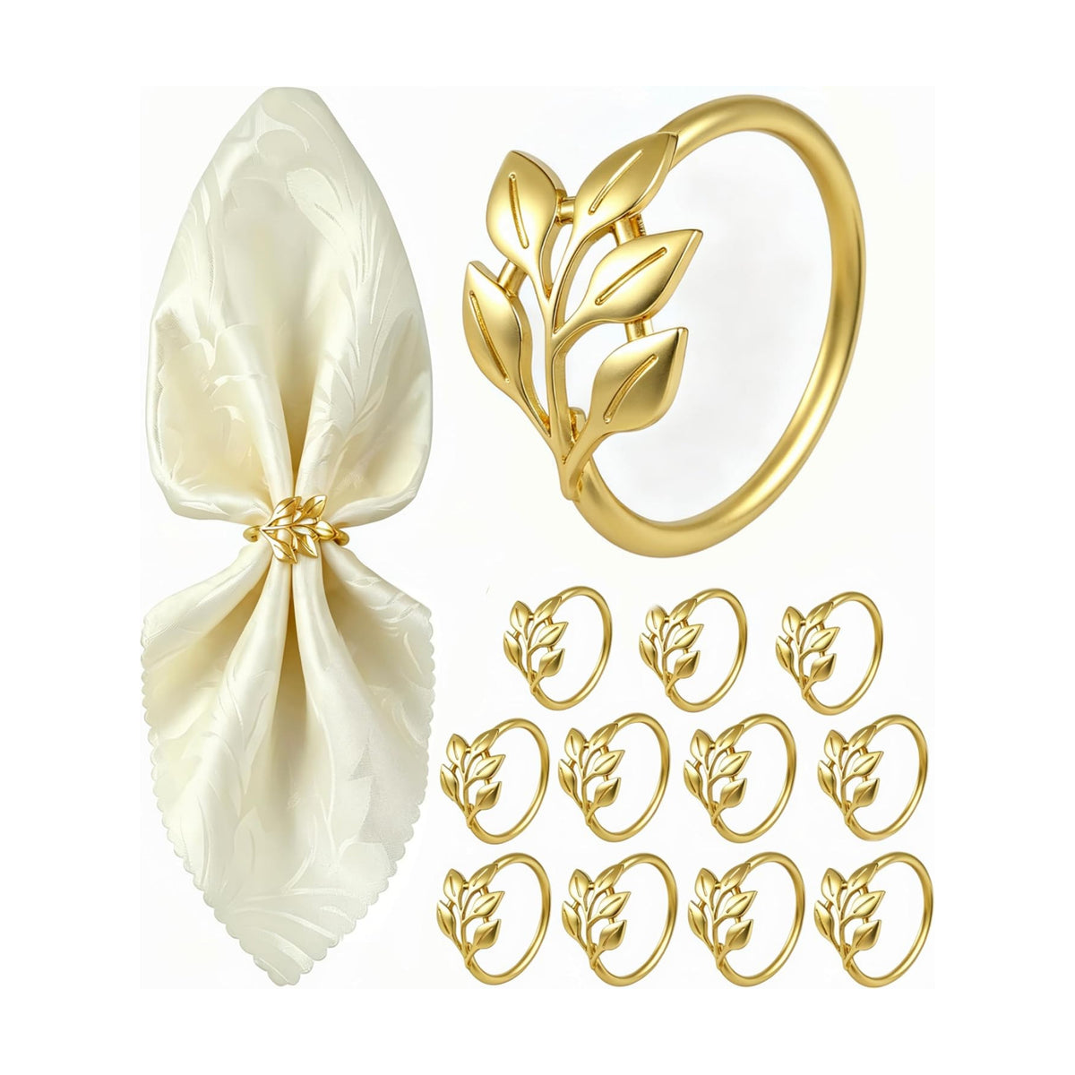 Gold Napkin Rings Set of 12, Solid Zinc Alloy Leaf Table Decor
