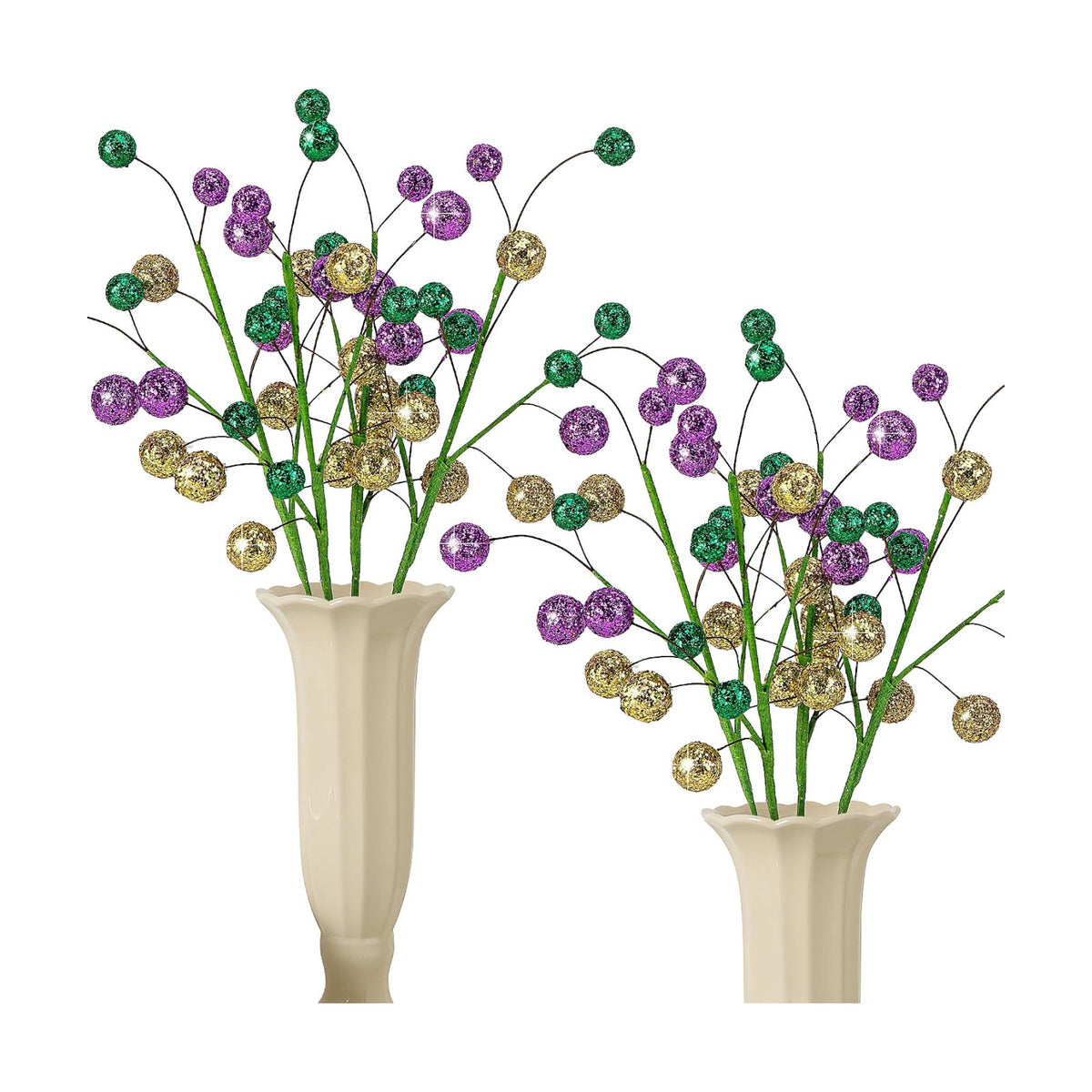 Watayo 8 Pack 15" Large Mardi Gras Ball Centerpiece Stems, Mardi Gras Artificial Glitter Berry Stems Ornaments, Shiny Purple Gold Green Berry Branches Twigs Picks Sprays for Carnival Party Home Decor