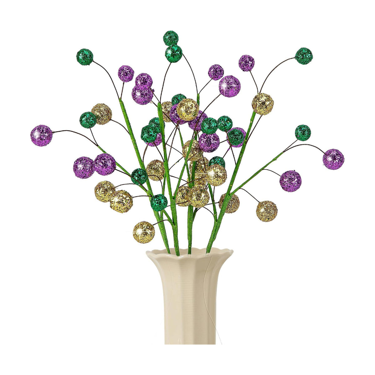 Watayo 4 Pack 15" Large Mardi Gras Ball Centerpiece Stems, Mardi Gras Artificial Glitter Berry Stems Ornaments, Shiny Purple Gold Green Berry Branches Twigs Picks Sprays for Carnival Party Home Decor