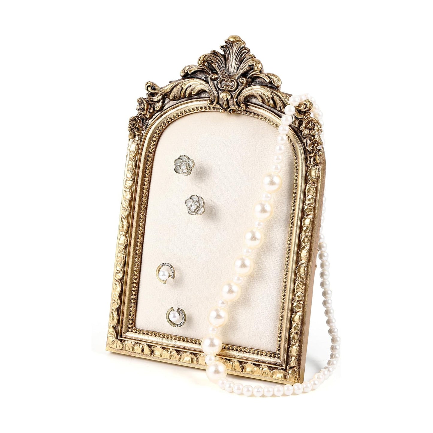 Vintage Jewelry Display Frame Gold Arch Ring Holder Baroque Necklace / 7.4 x 4.5 / Flower / White