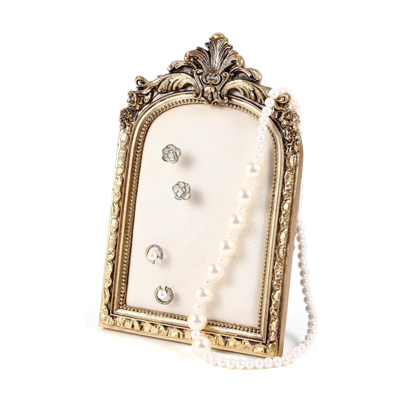 Vintage Jewelry Display Frame Gold Arch Ring Holder Baroque Necklace / 7.4 x 4.5 / Flower / White