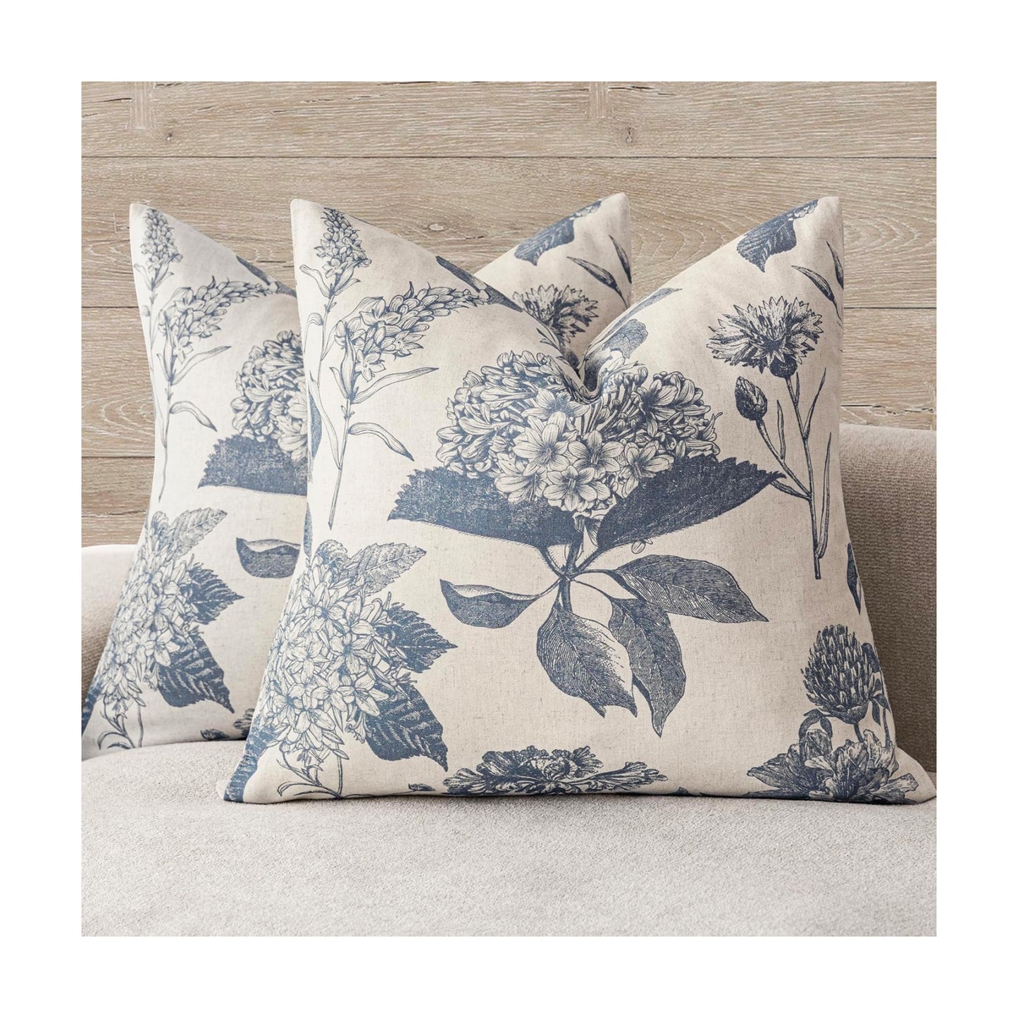 Linen Floral Vintage Throw Pillow Covers Neutral Accent Print / 18 x 18 / Aegean Blue / Set of 2