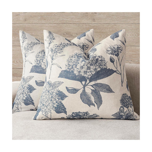 Linen Floral Vintage Throw Pillow Covers Neutral Accent Print / 18 x 18 / Aegean Blue / Set of 2