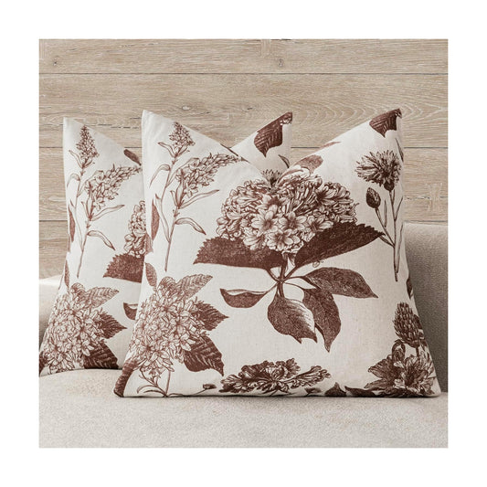 Linen Floral Throw Pillow Covers Neutral Vintage Print Decorative / 18 x 18 / Dark Brown / Set of 2