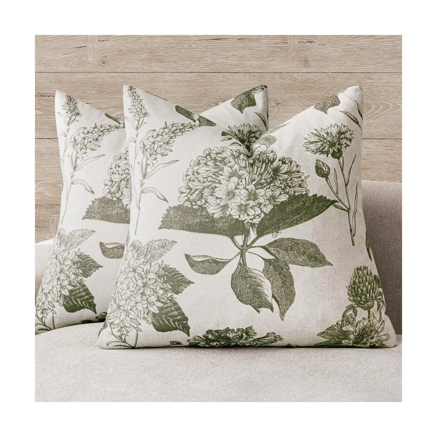 Linen Floral Vintage Throw Pillow Covers Neutral Accent Print / 18 x 18 / Cedar Green / Set of 2