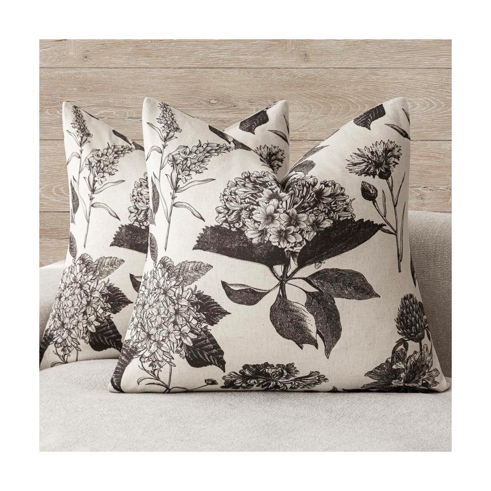 Linen Floral Vintage Throw Pillow Covers Neutral Accent Print / 18 x 18 / Black / Set of 2