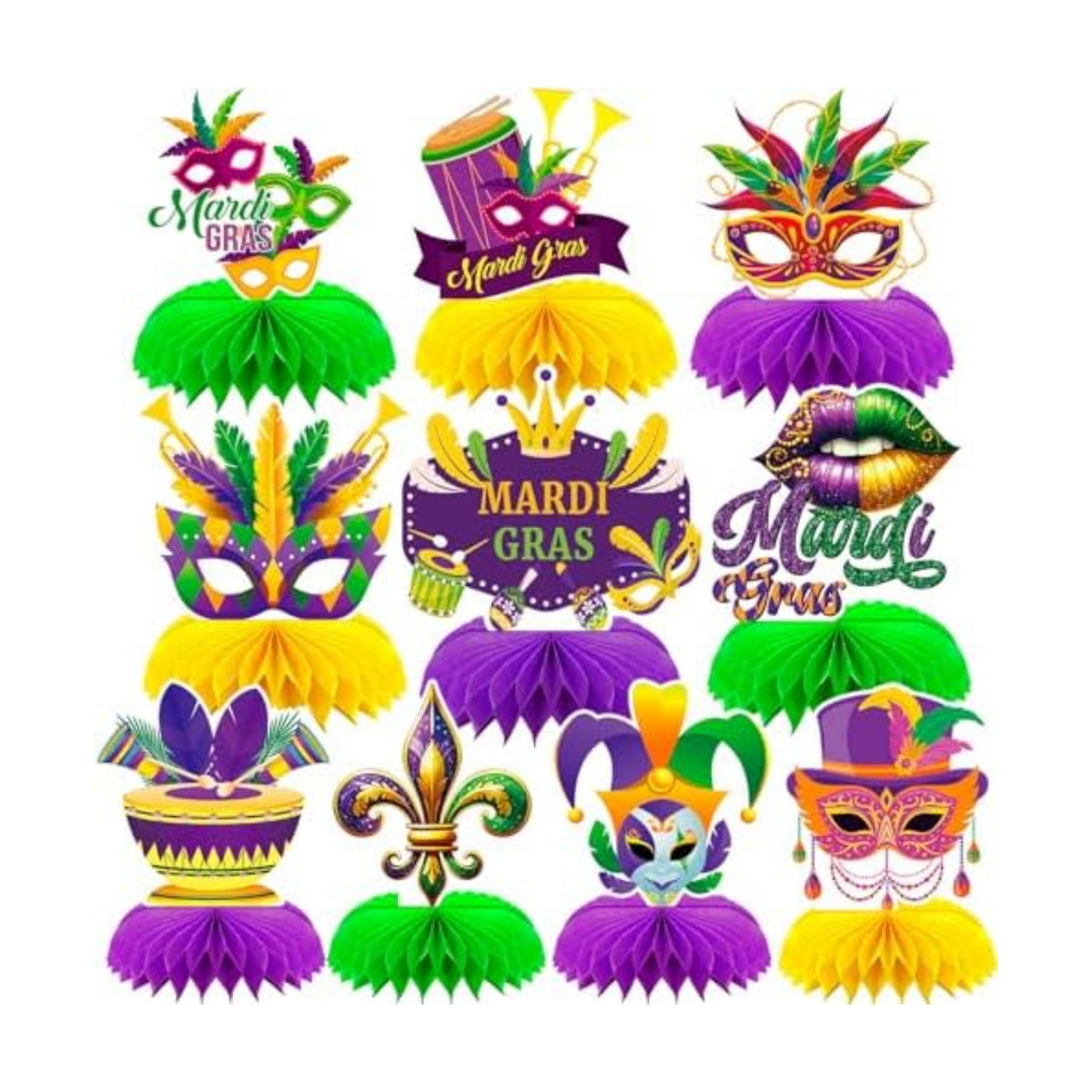 10 Pcs Mardi for Gras Party Honeycomb Centerpieces Table Decoration