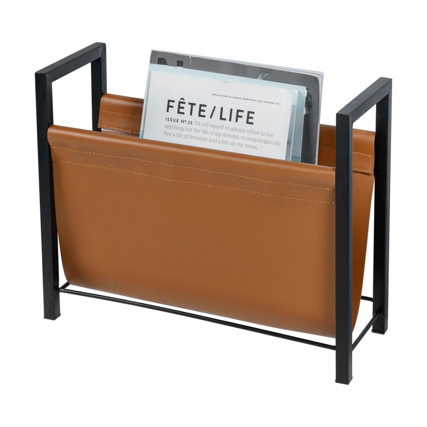 MyGift Caramel Leatherette Magazine Holder, Black Metal Floor Rack | Open sling design keeps magazines, newspapers, and