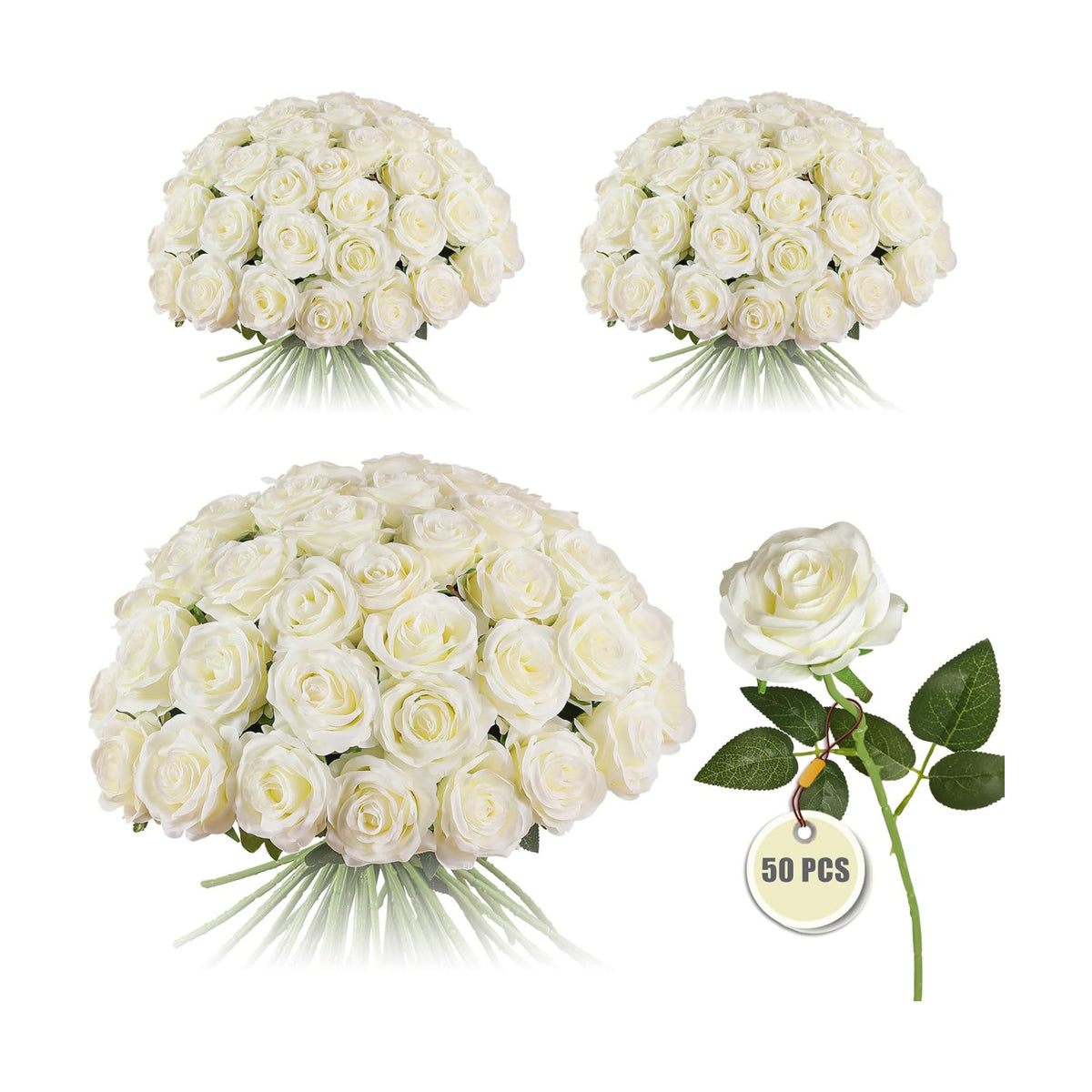 50PCS Artificial Silk Roses Flowers – Realistic Fake Roses in Bulk & Bouquet Long Stem White Rose for Wedding Centerpieces, Home Decor, Floral Arrangements, Party Decoration (White)