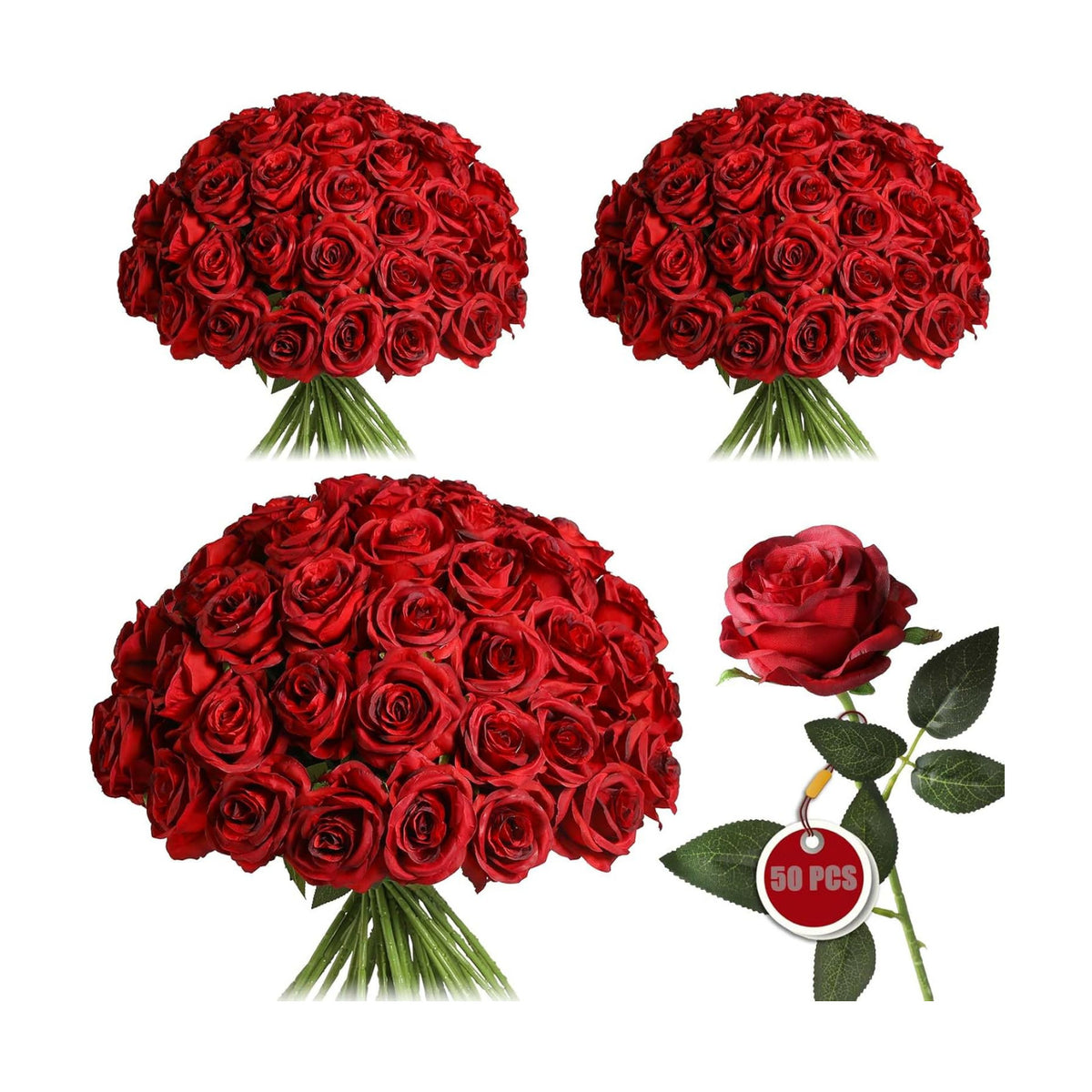 50PCS Artificial Silk Roses in Bulk & Bouquet Long Stem – Realistic Fake Roses for Wedding Centerpieces, Home Decor, Floral Arrangements, Party Decoration (Burgundy)