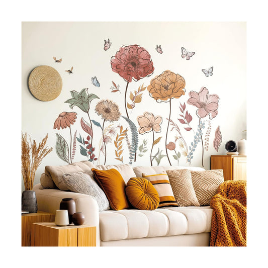 Boho Flowers Wall Decals Peel and Stick Wildflower Floral Dandelion Grass Plants for Baby Nursery