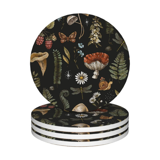 Absorbent Ceramic Coasters / Vintage Mushroom Plants / Green / Set of 4
