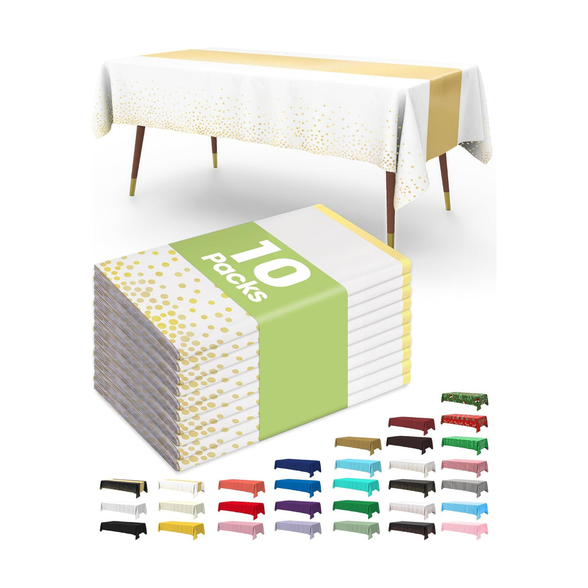 Pureegg Plastic Table Cloth Disposable 54x108 Inch 10 Pack, White Gold