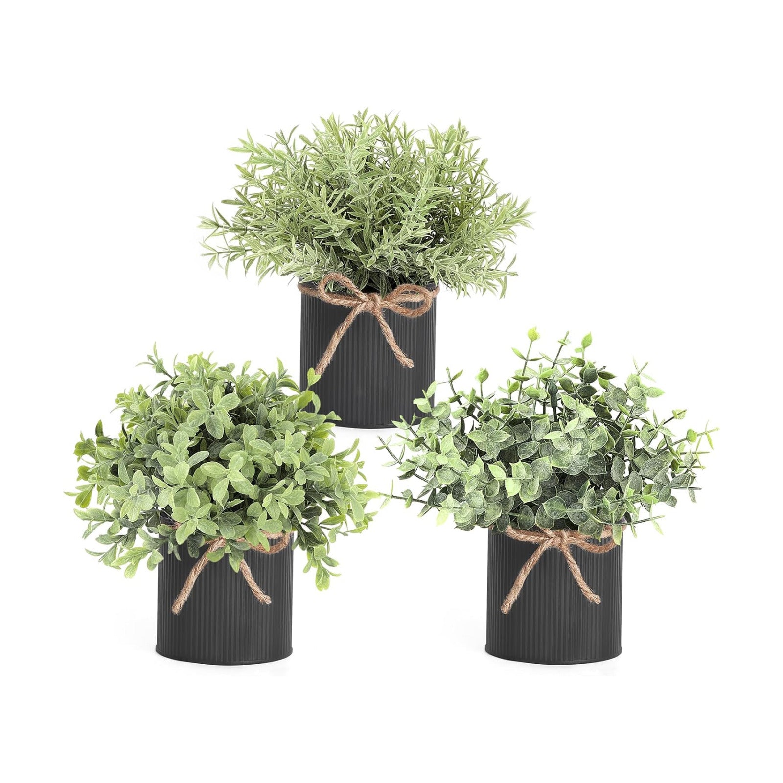 Small Fake Plants in Galvanized Metal Pots Artificial Eucalyptus Plants / Black / 3 Inch / Set of 3