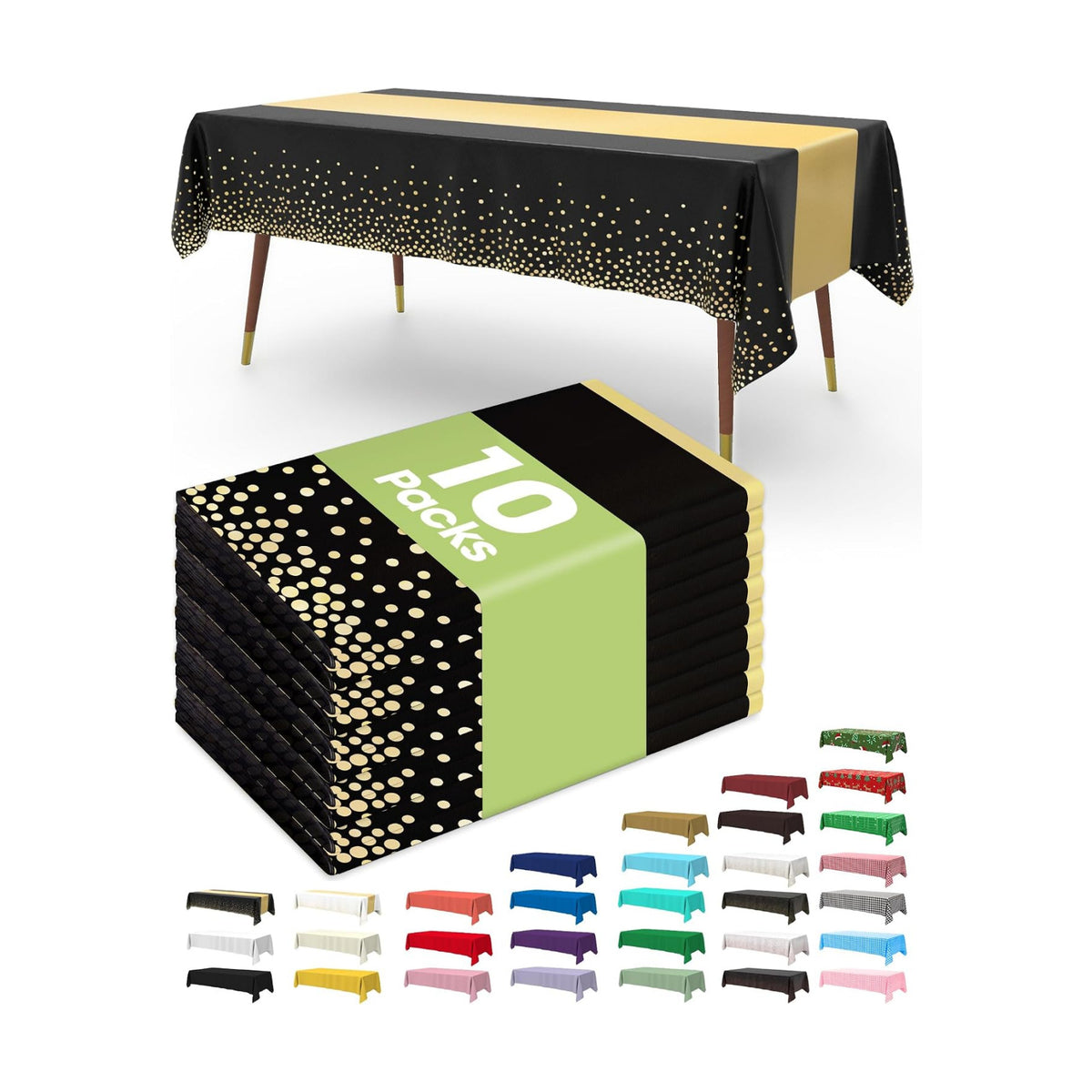 Pureegg Plastic Table Cloth Disposable 54x108 Inch 10 Pack, Black Gold