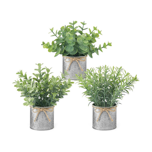 Mini Fake Plants in Farmhouse Galvanized Metal Pots Small Potted / Grey / 2.36 Inch / Set of 3
