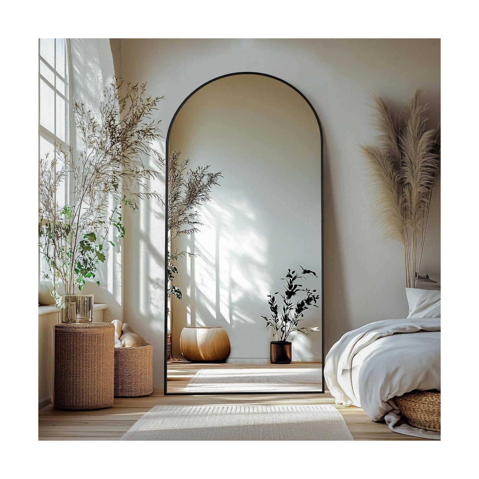 Delma Arched Full Length Mirror with Stand, 75x35 Black Floor Mirror