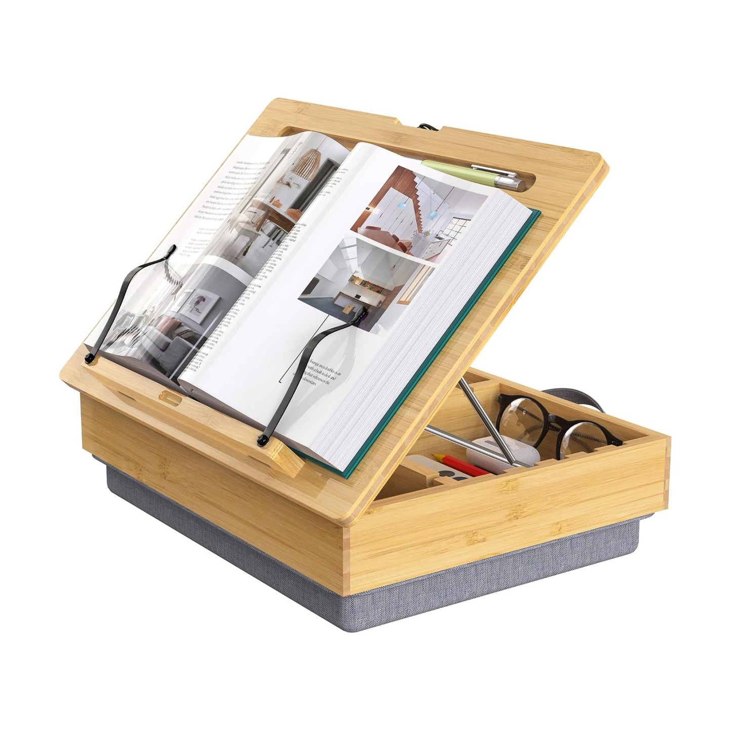 AboveTEK Book Stand for Reading with Storage, Adjustable Bamboo Book Holder with Soft Lap Cushion, Cookbook Stand