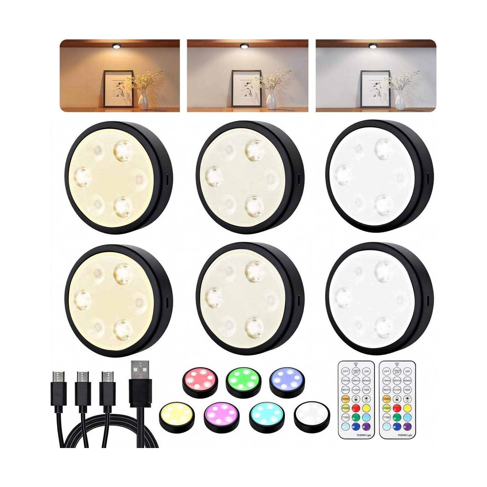 HOLKPOILOT Puck Lights with Remote, Under Cabinet Lights,2000mAh Battery Operated Closet Lights, Magnetic Under Cabinet