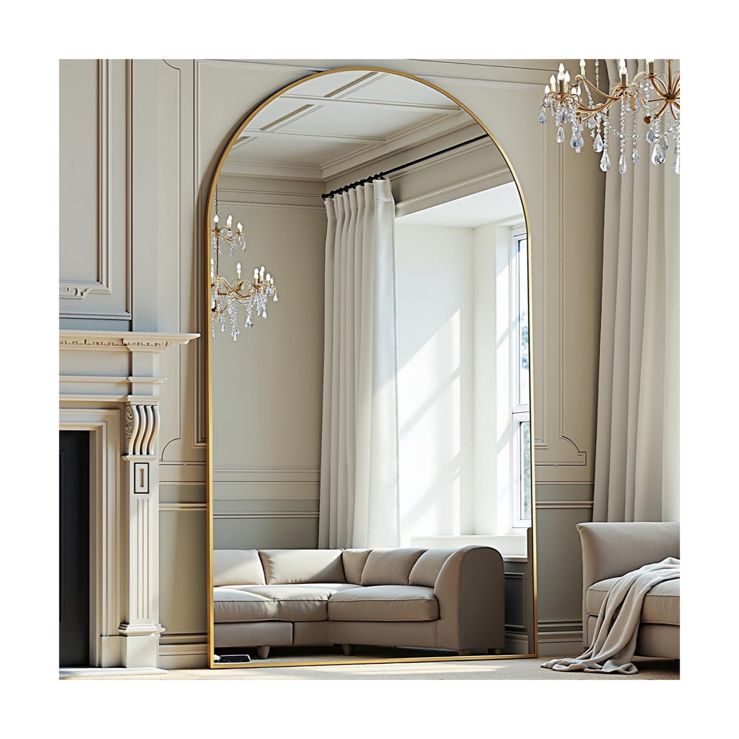 Prywot Full Length Mirror, Oversized 77"x38" Arched-Top Floor Mirror, Gold