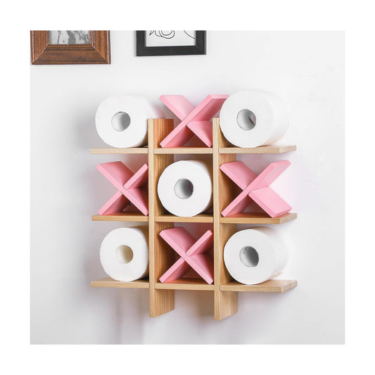 Weysat Tic Tac Toe Toilet Paper Holder,Wood Color, Pink | Farmhouse Bathroom Decor, Freestanding or Wall Mount Storage