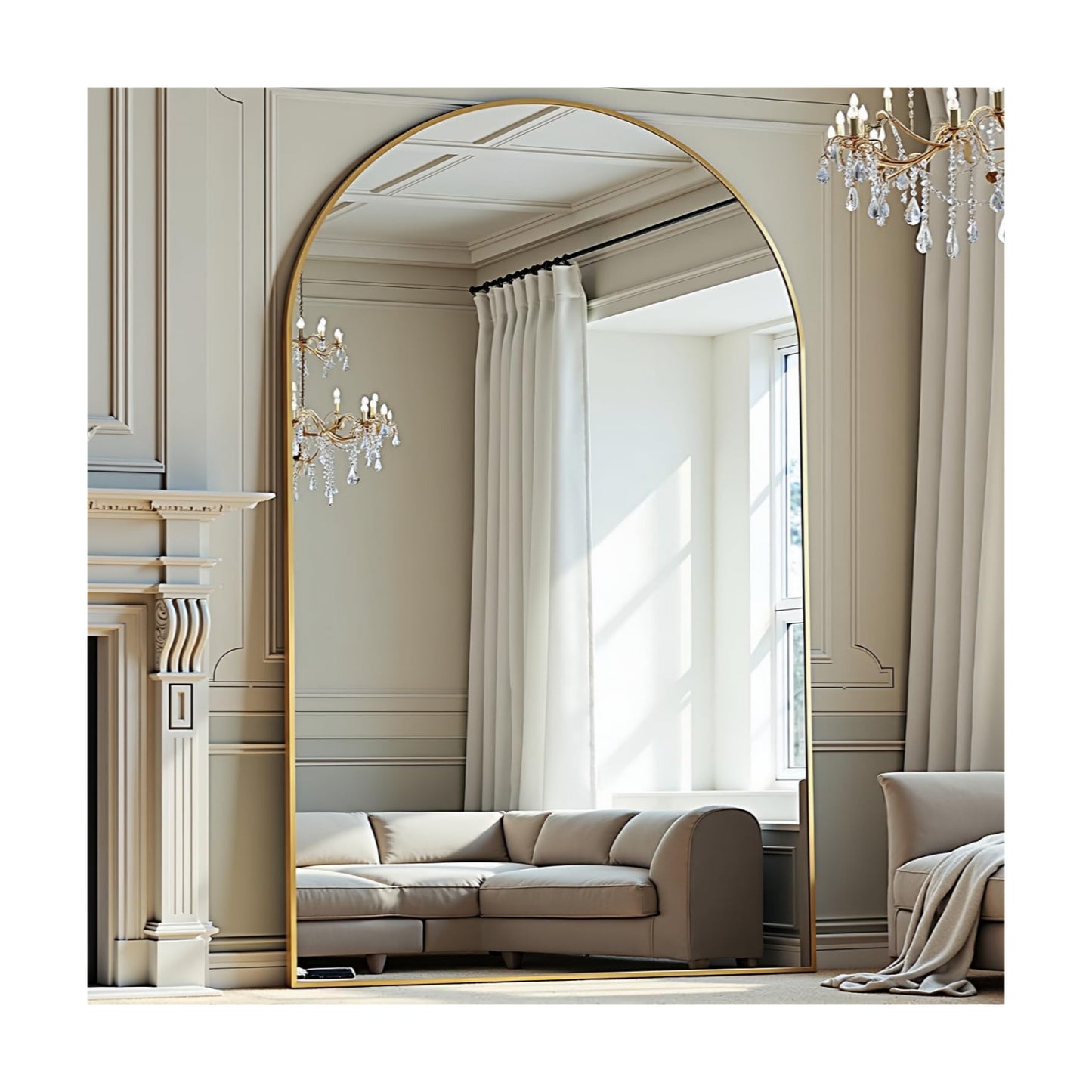 Prywot Full Length Mirror, Oversized 81"x41" Arched-Top Floor Mirror, Gold