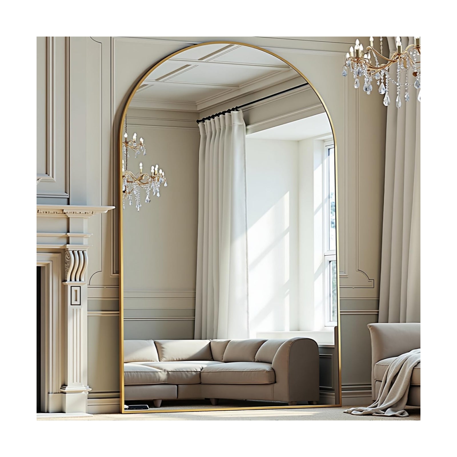 Prywot Full Length Mirror, Oversized 81"x41" Arched-Top Floor Mirror, Gold