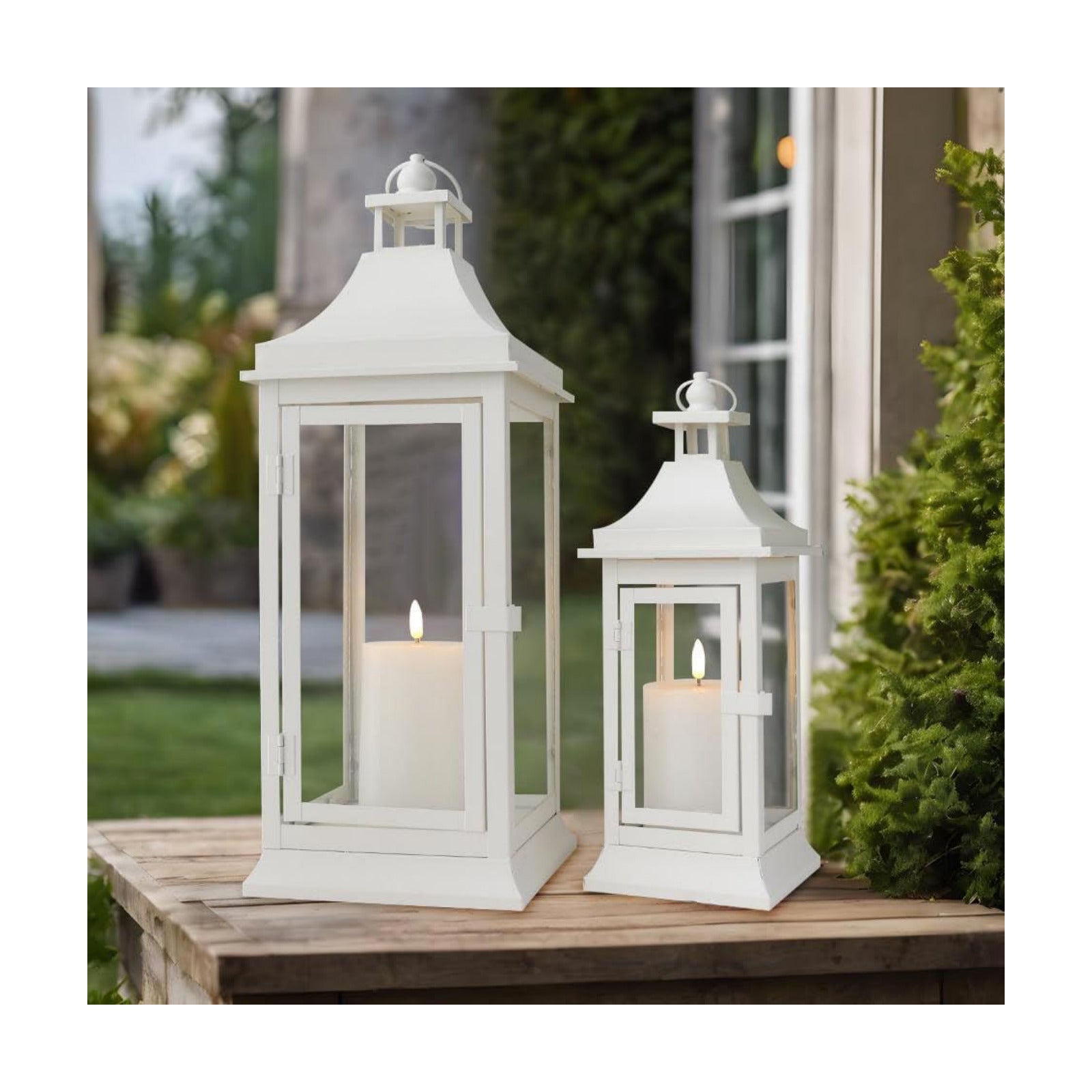 JHY DESIGN Set of 2 19.5''&13''Tall Vintage Candle Lanterns Outdoor Hanging Tower Lantern Metal Candle Holder for