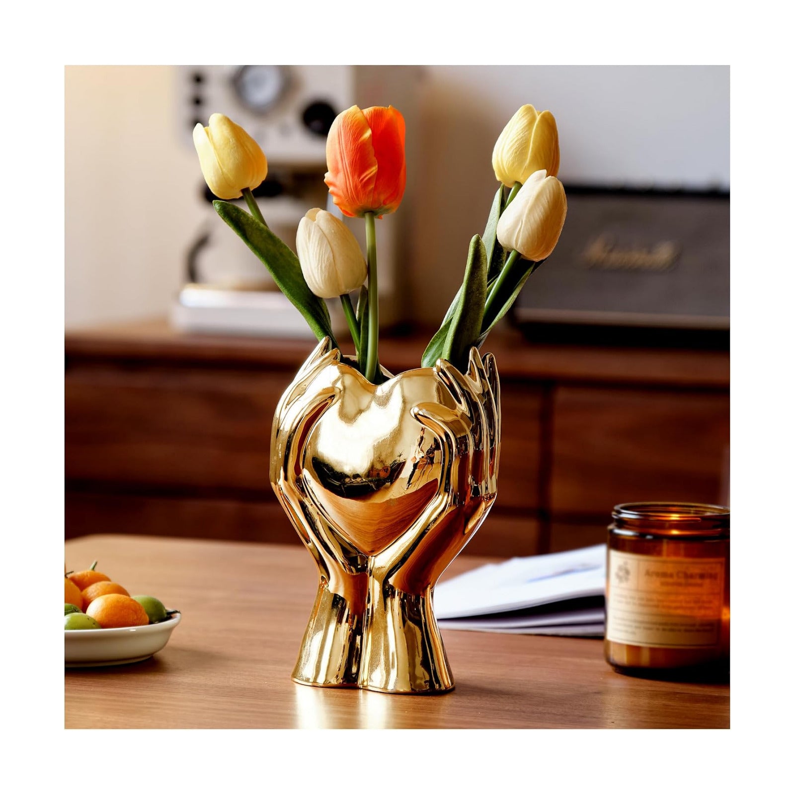 8" Heart Hand Ceramic Vase / Gold