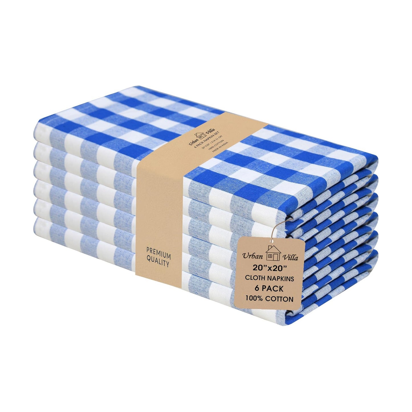 Urban Villa Cloth Napkins Cotton 20x20 (Set of 6) Blue Cheks
