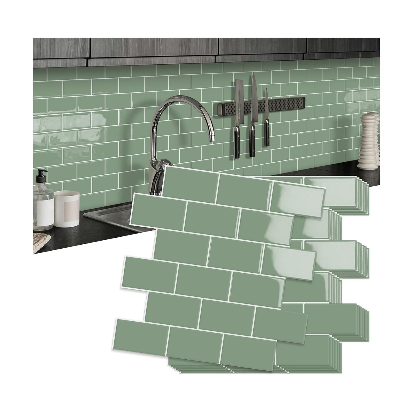 3D Subway Waterproof Self-Adhesive Wall Tile Stick / Green