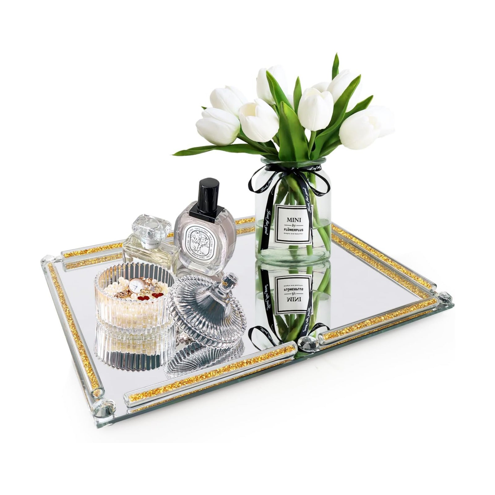 Crushed Diamond Filled Glass Vanity Tray / Gold / 15.7 x 11.8 x 1.4