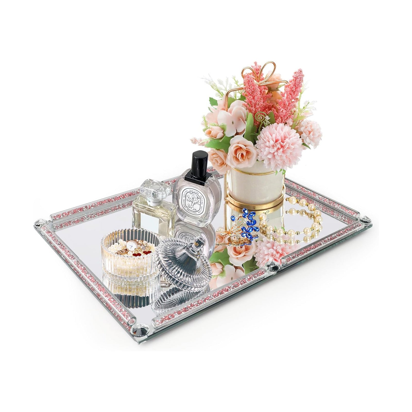 Crushed Diamond Filled Glass Vanity Tray / Pink / 15.7 x 11.8 x 1.4