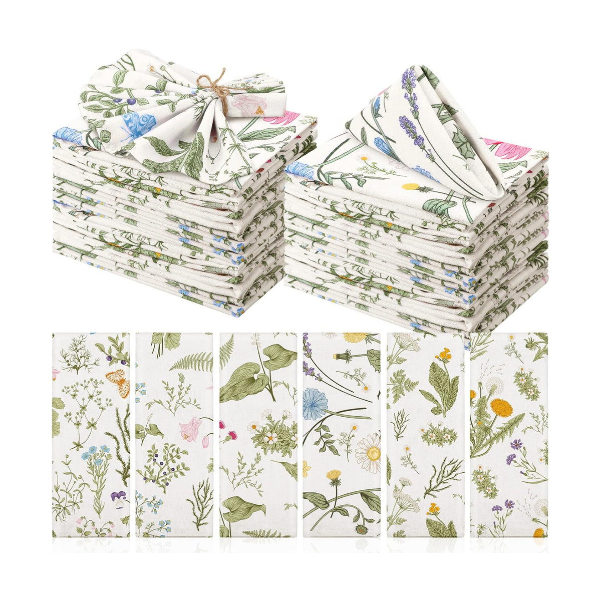Funnymoom 24 Pcs Floral Cloth Napkins, Herbs Wildflowers Multicolored