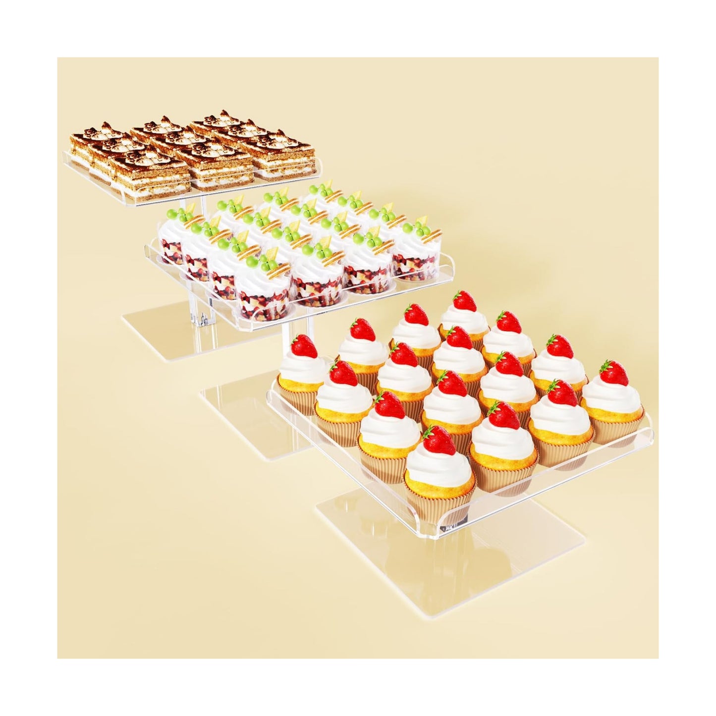 Bakzon 3 Piece Cupcake Stand, Acrylic Dessert Table Display Set, Clear Square Serving Trays for Birthday, Wedding, Baby