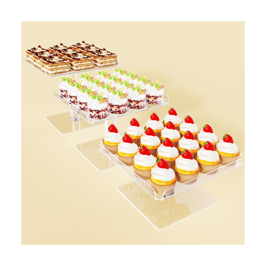 Bakzon 3 Piece Cupcake Stand, Acrylic Dessert Table Display Set, Clear Square Serving Trays for Birthday, Wedding, Baby