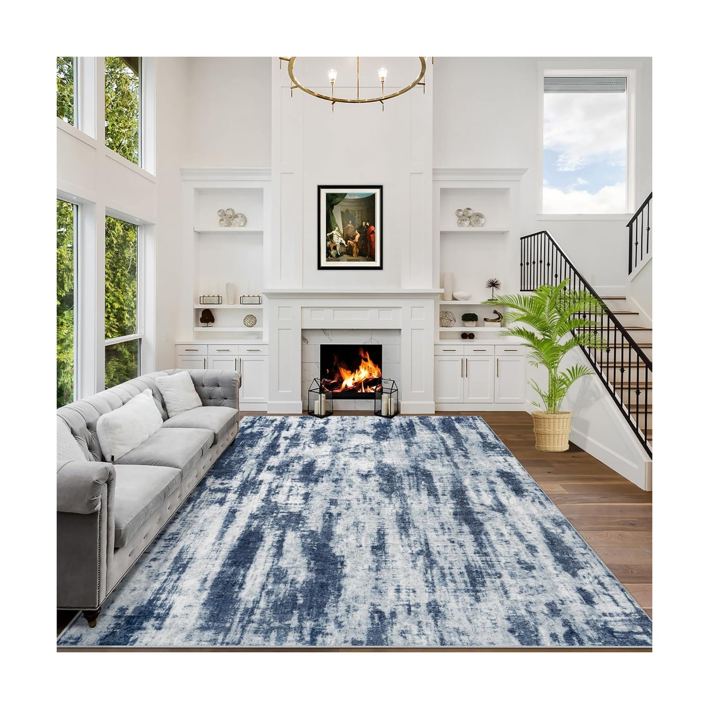 9x12 Area Rugs for Living Room: Washable Abstract Blue Grey Badroom Carpet