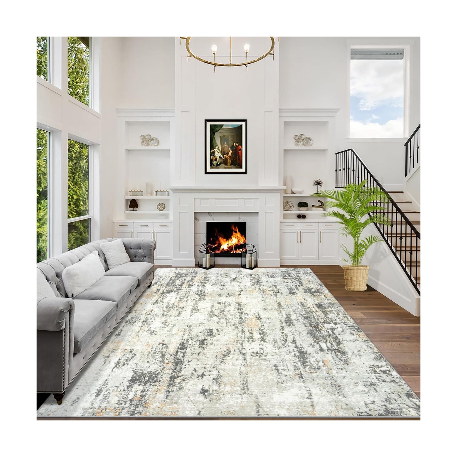 9x12 Area Rugs for Living Room: Washable Abstract Grey Brown Badroom Carpet