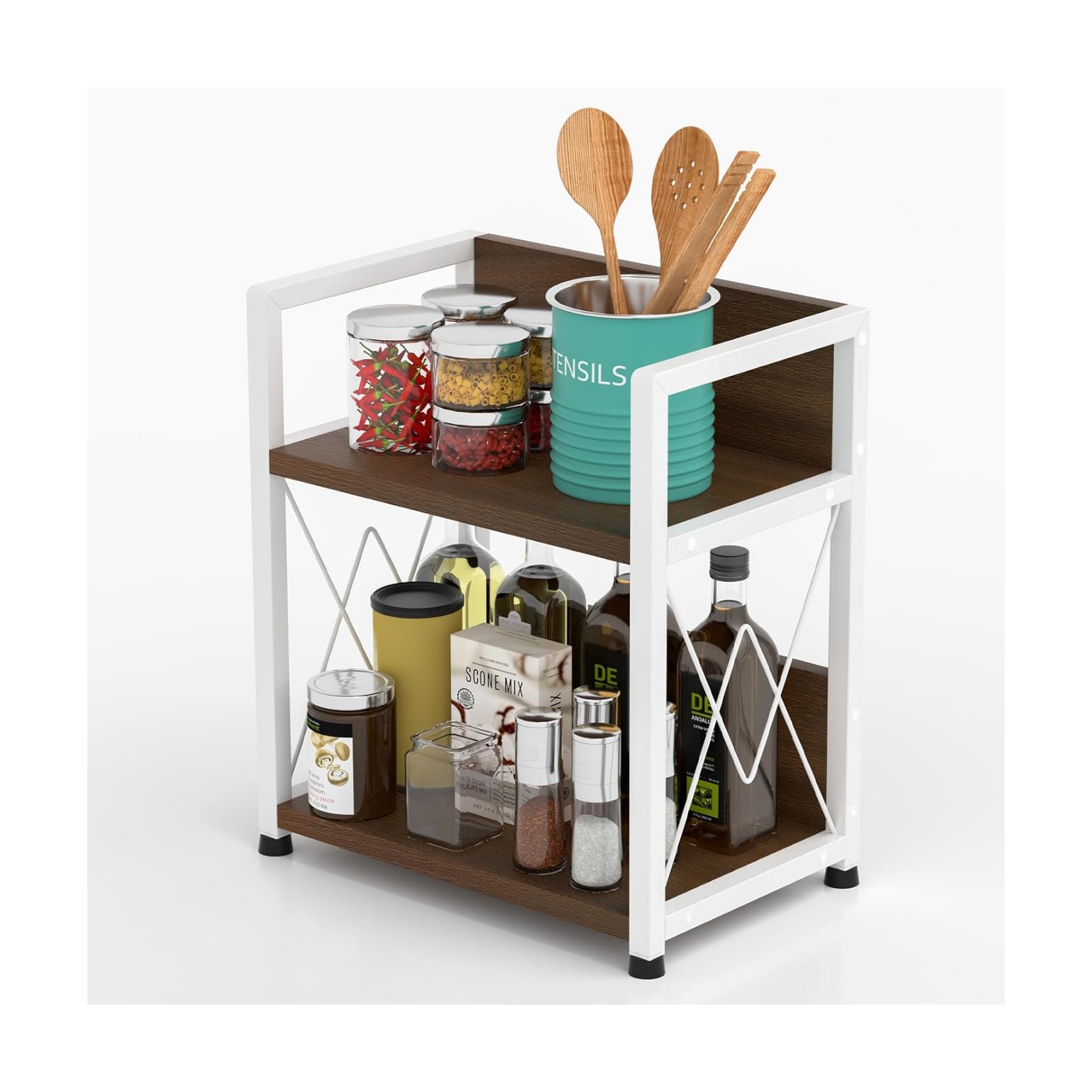 Aduanbang Coffee Bar Accessories Organizer, 2 Tier Wooden Kitchen Counter Shelf, Coffee Organizer Station for
