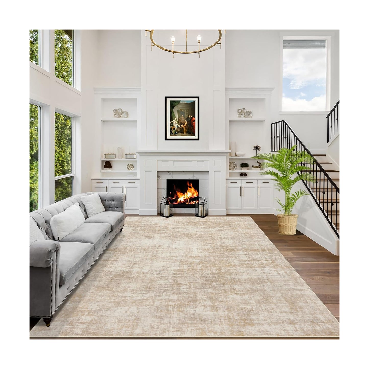 4x6 Area Rugs for Living Room: Washable Abstract Beige Badroom Carpet