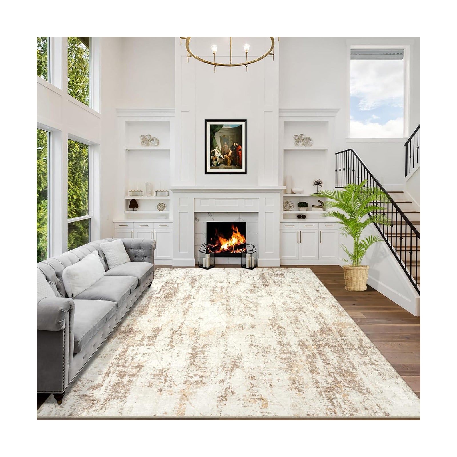 6x9 Area Rugs for Living Room: Washable Abstract Beige Grey Badroom Carpet