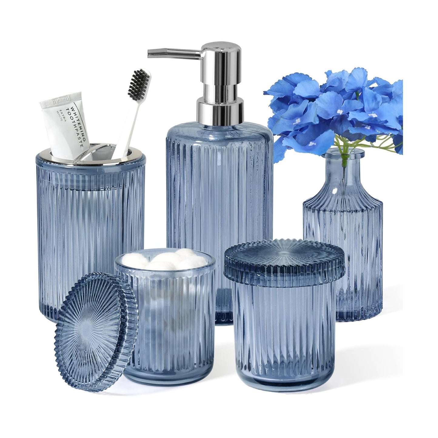 Blue Bathroom Accessories 5 Pcs, Glass Bathroom Accessory Set, Vintage Blue Bathroom Set, Royal Soap Dispenser and