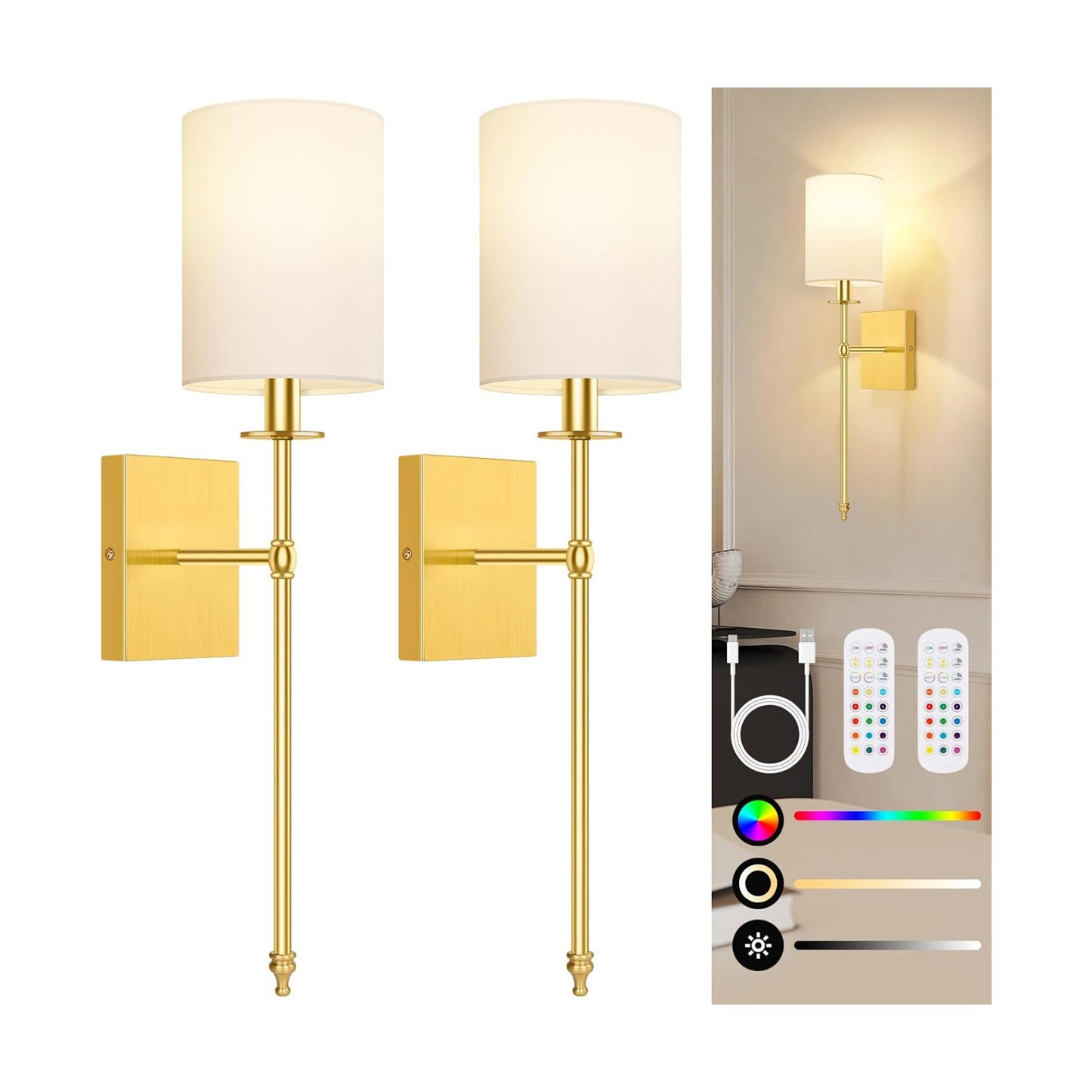 Battery Operated Wall Sconces Set of 2, Rechargeable Sconces with Remote | Gold Wall Lights with White Fabric Shade