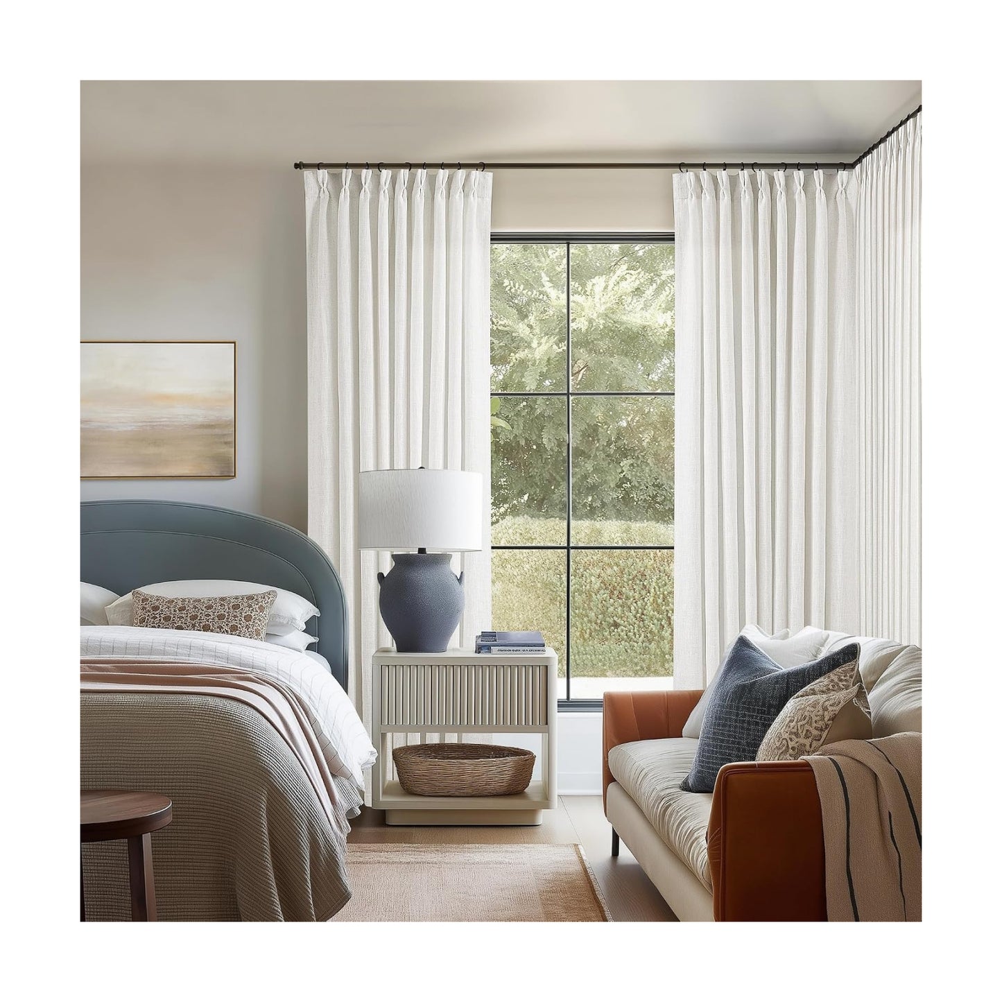 TWODRAPES Beige White Pinch Pleated Linen 96 Inch Curtains 60 Inch Width